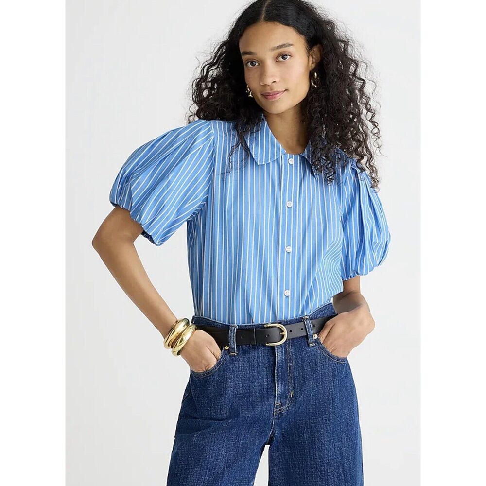 J Crew Gamine puff-sleeve shirt in stripe Blue Nwt Size 4